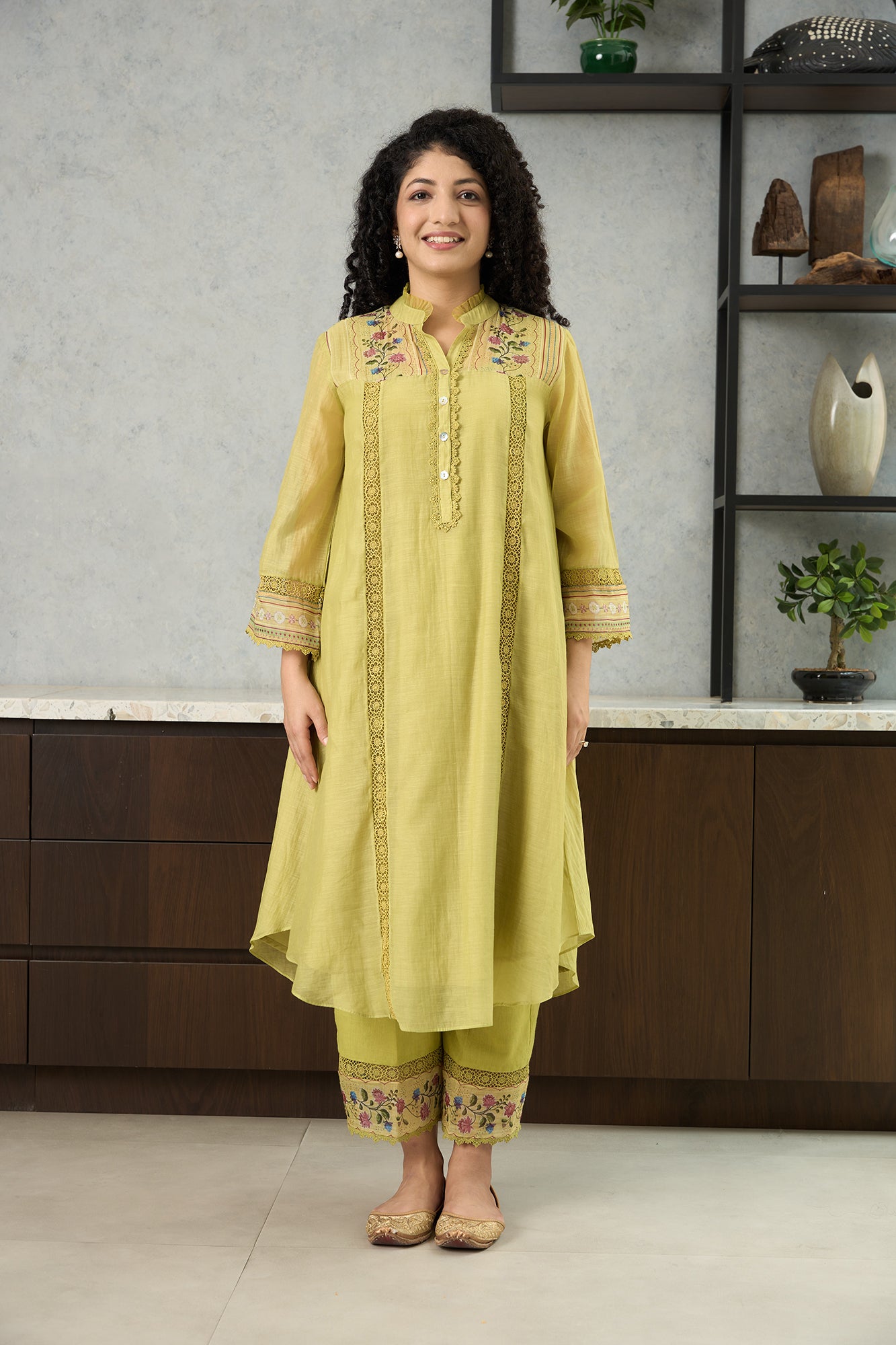 Lime Green  Floral Shoulder Yoke Kiki Kurta Set