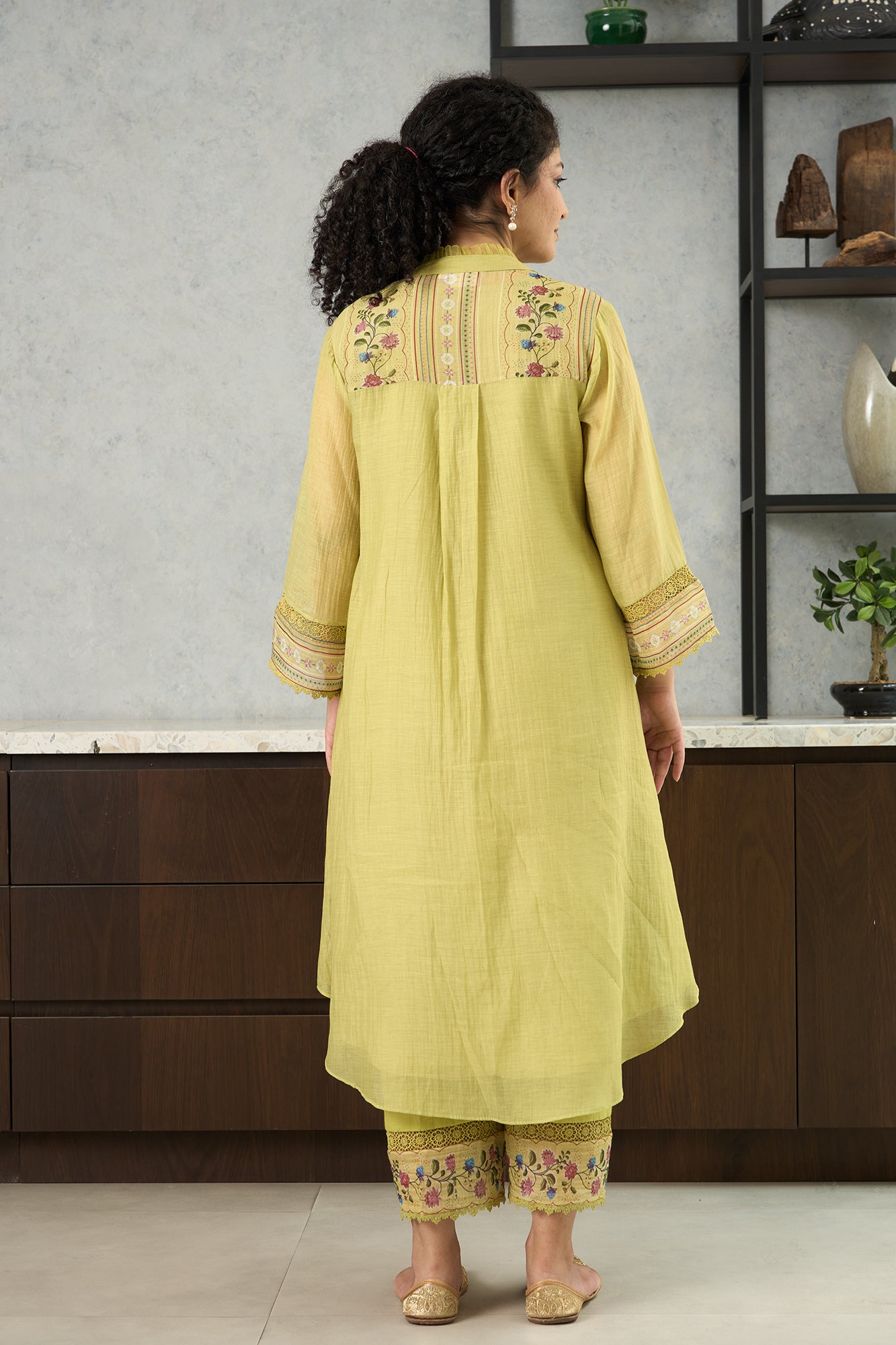 Lime Green Floral Shoulder Yoke Kiki Kurta Set