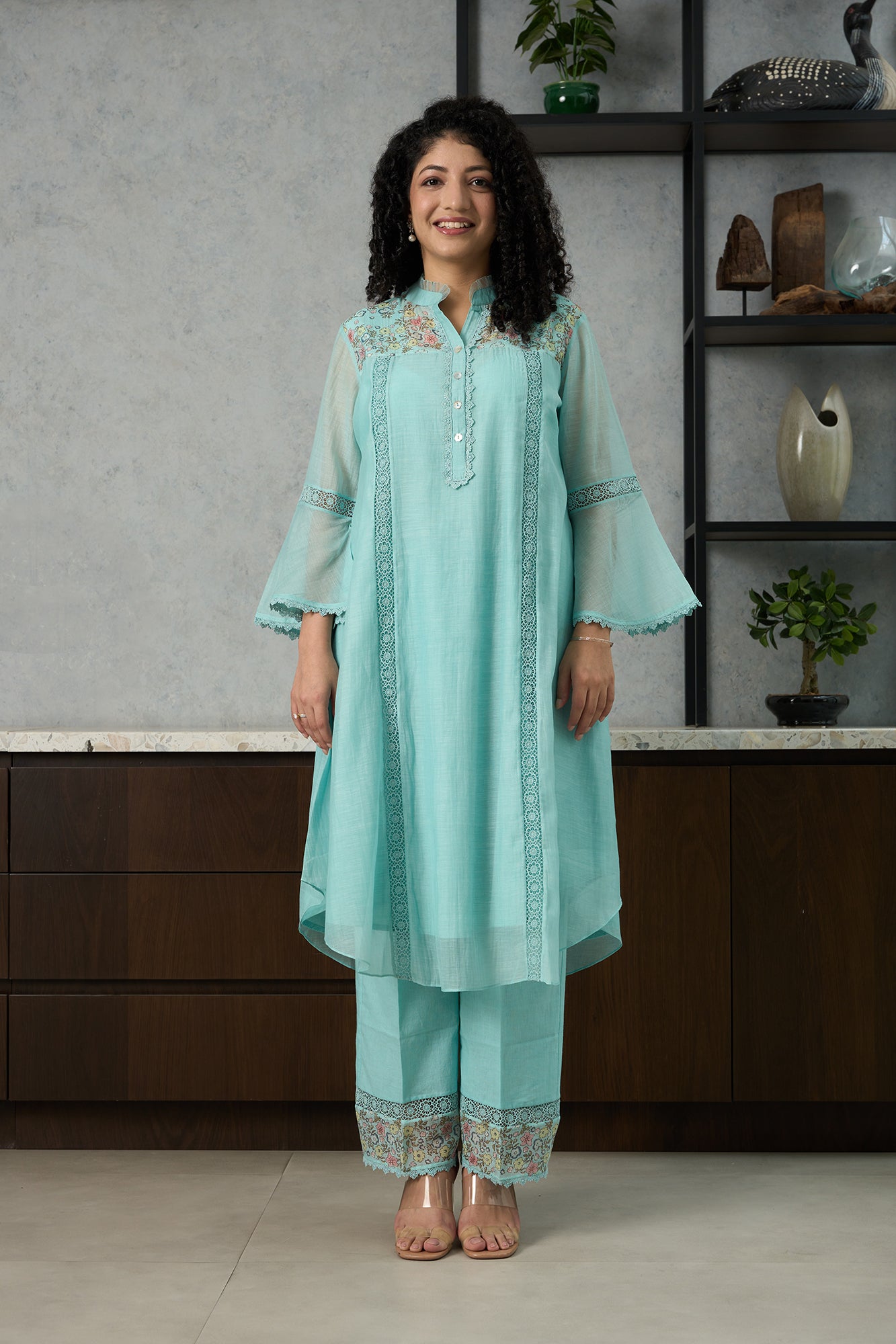 Aqua Blue Pero Chanderi Floral Shoulder Yoke Kiki Kurta Set