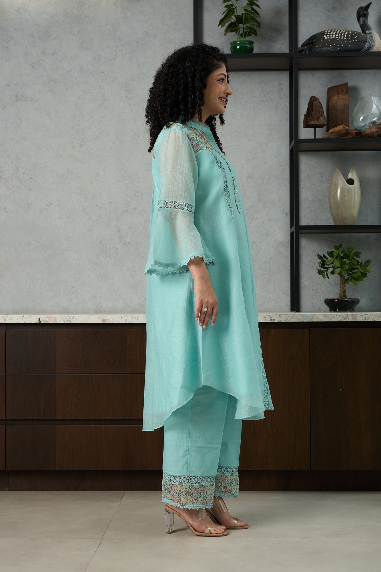Aqua Blue Pero Chanderi Floral Shoulder Yoke Kiki Kurta Set