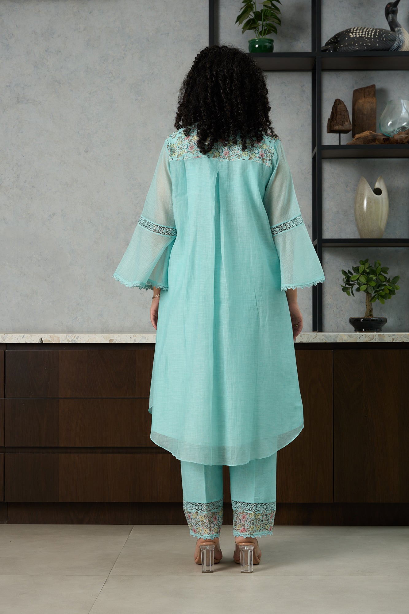 Aqua Blue Pero Chanderi Floral Shoulder Yoke Kiki Kurta Set