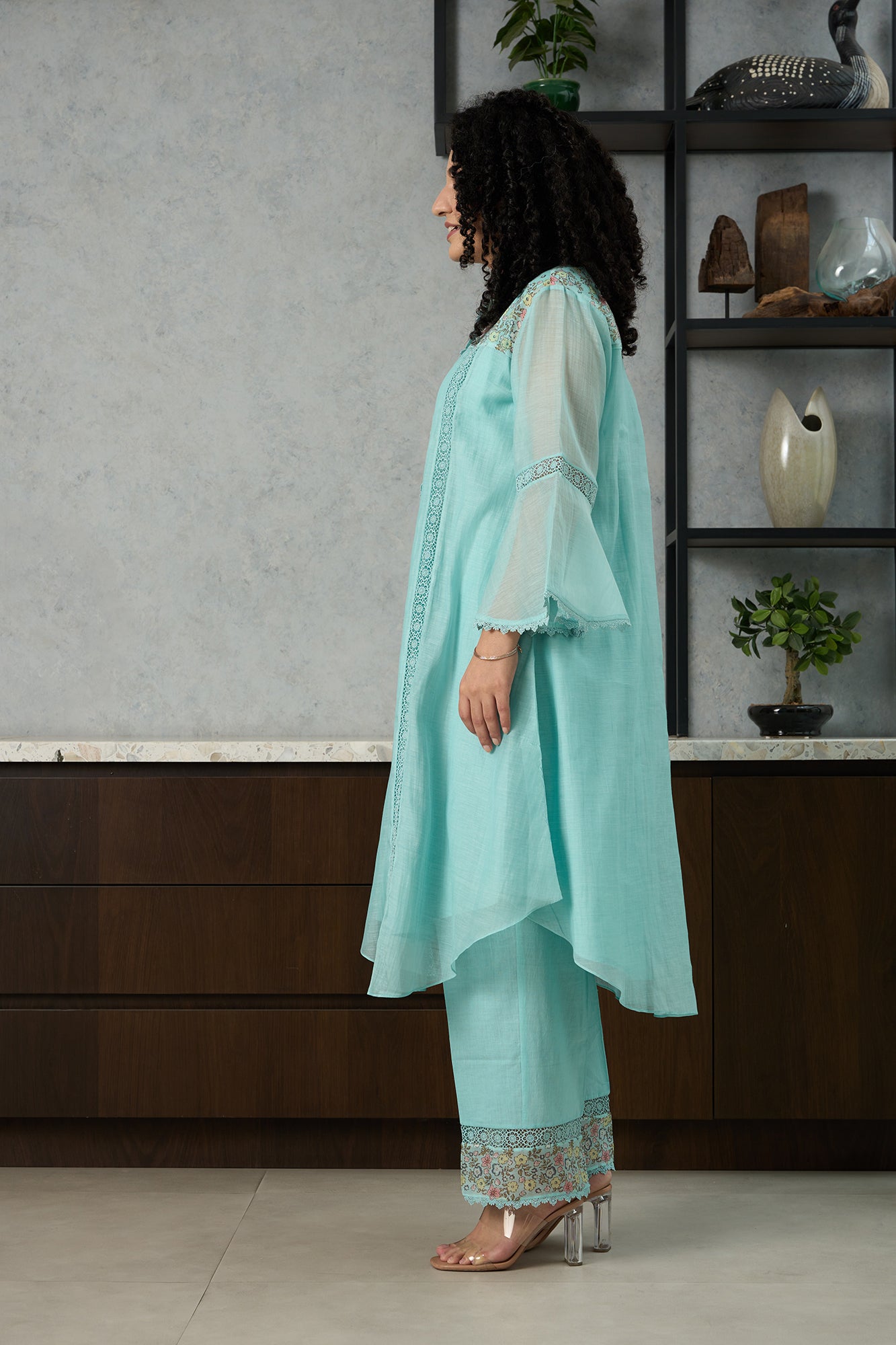 Aqua Blue Pero Chanderi Floral Shoulder Yoke Kiki Kurta Set