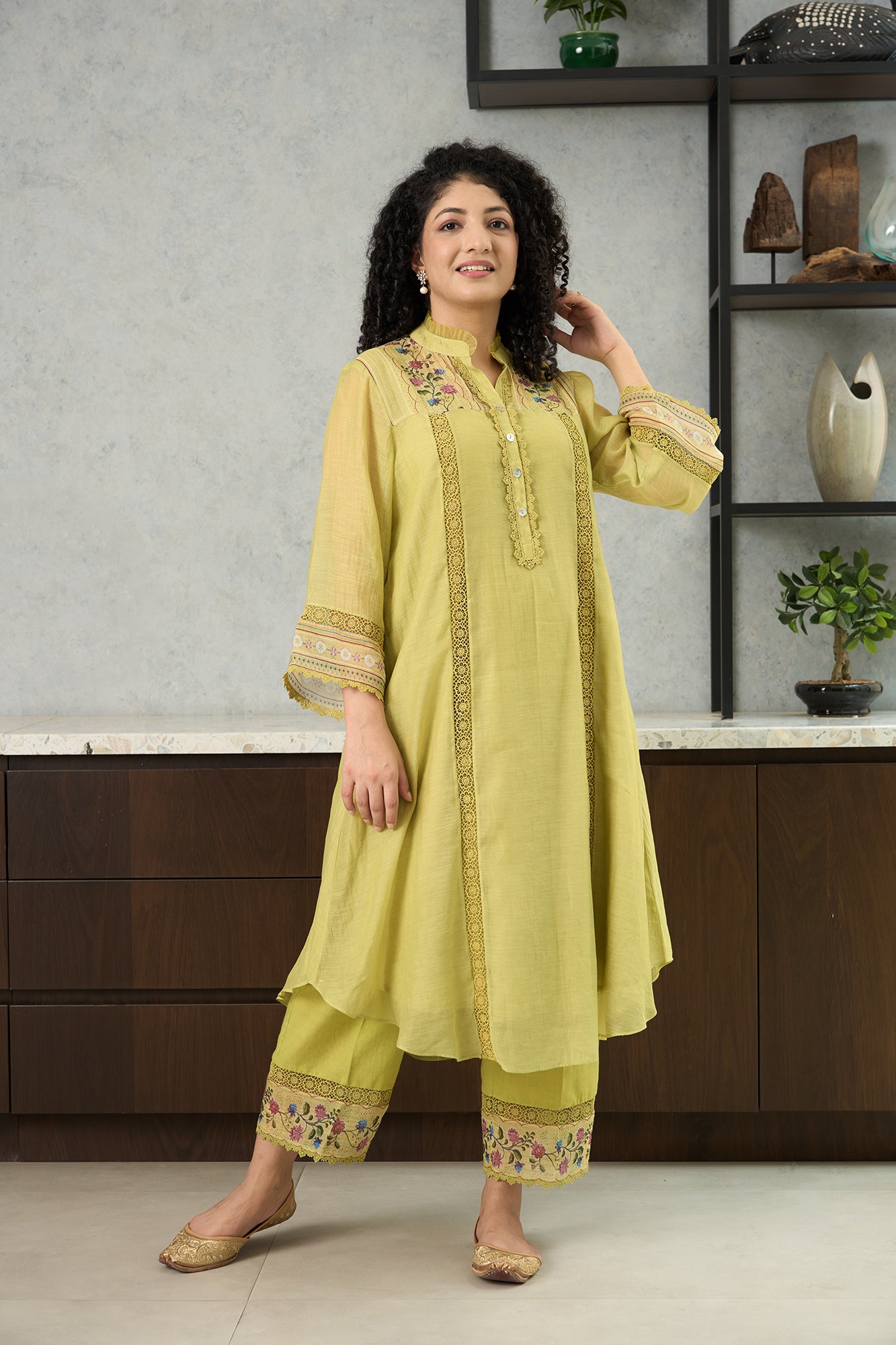Lime Green  Floral Shoulder Yoke Kiki Kurta Set