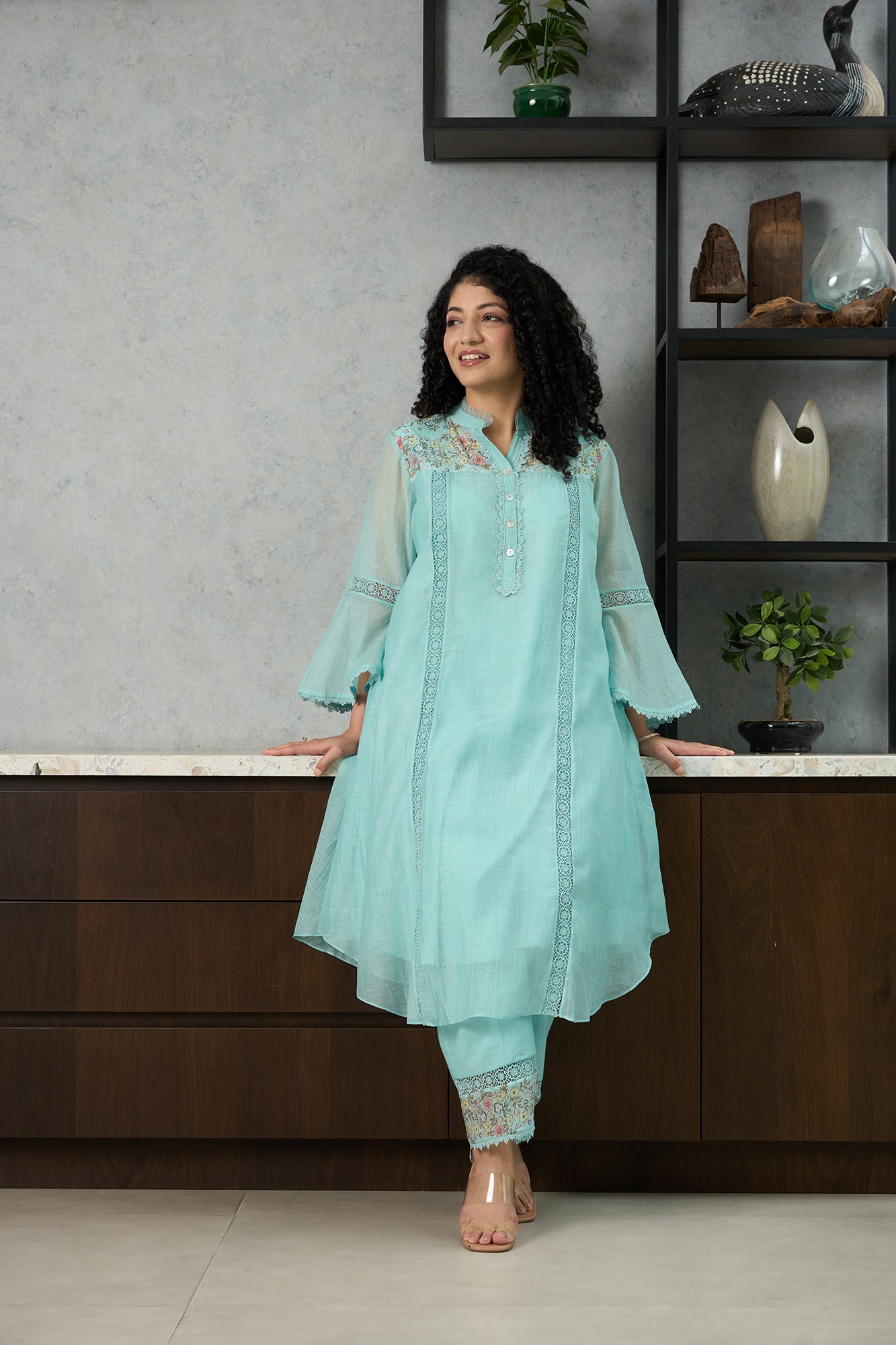 Aqua Blue Pero Chanderi Floral Shoulder Yoke Kiki Kurta Set