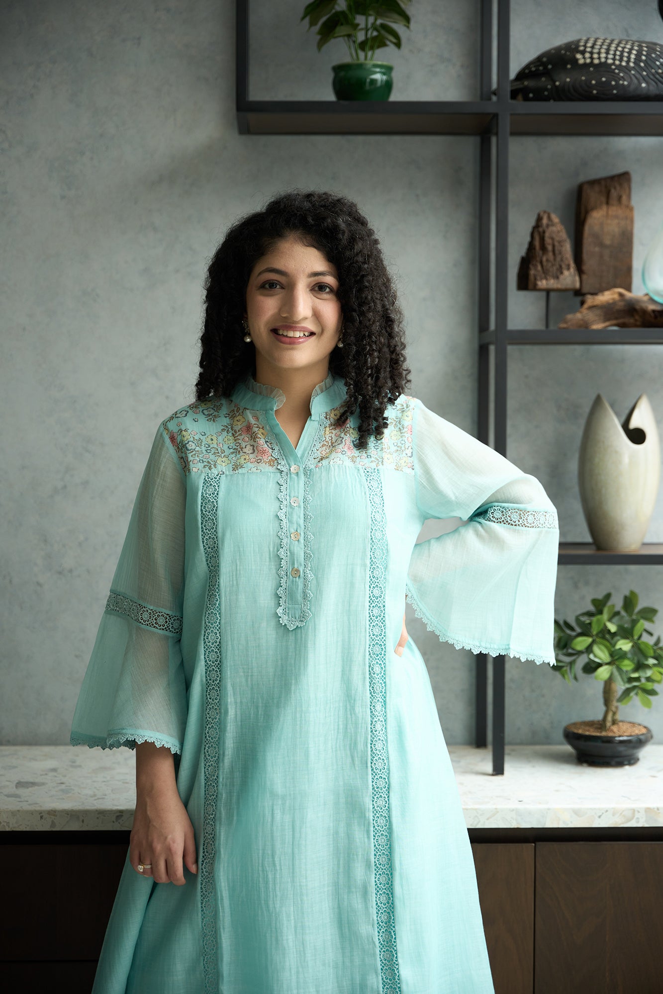 Aqua Blue Pero Chanderi Floral Shoulder Yoke Kiki Kurta Set