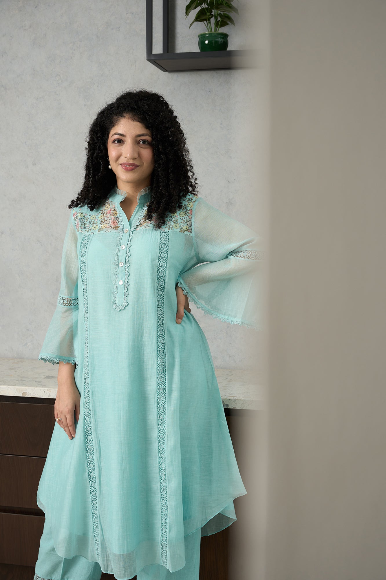 Aqua Blue Pero Chanderi Floral Shoulder Yoke Kiki Kurta Set