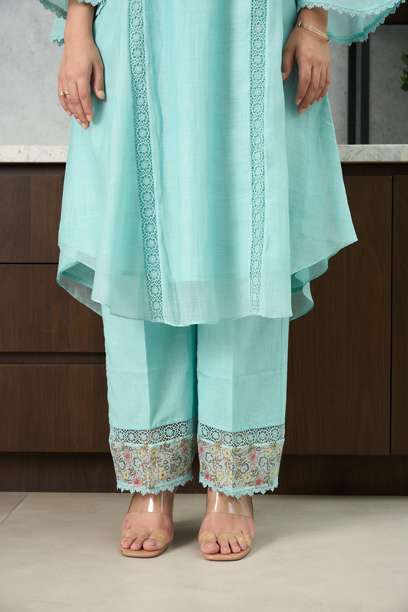Aqua Blue Pero Chanderi Floral Shoulder Yoke Kiki Kurta Set