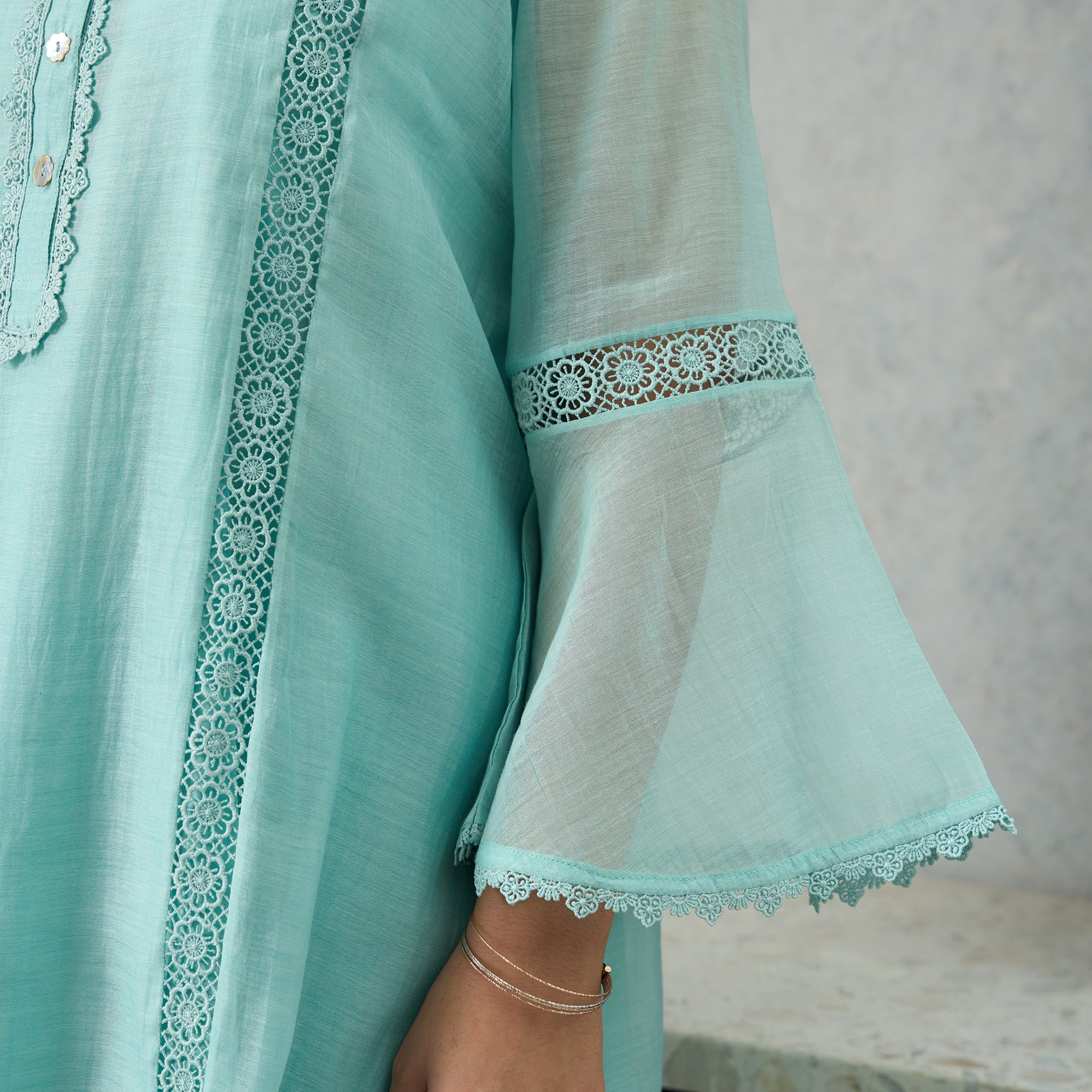 Aqua Blue Pero Chanderi Floral Shoulder Yoke Kiki Kurta Set