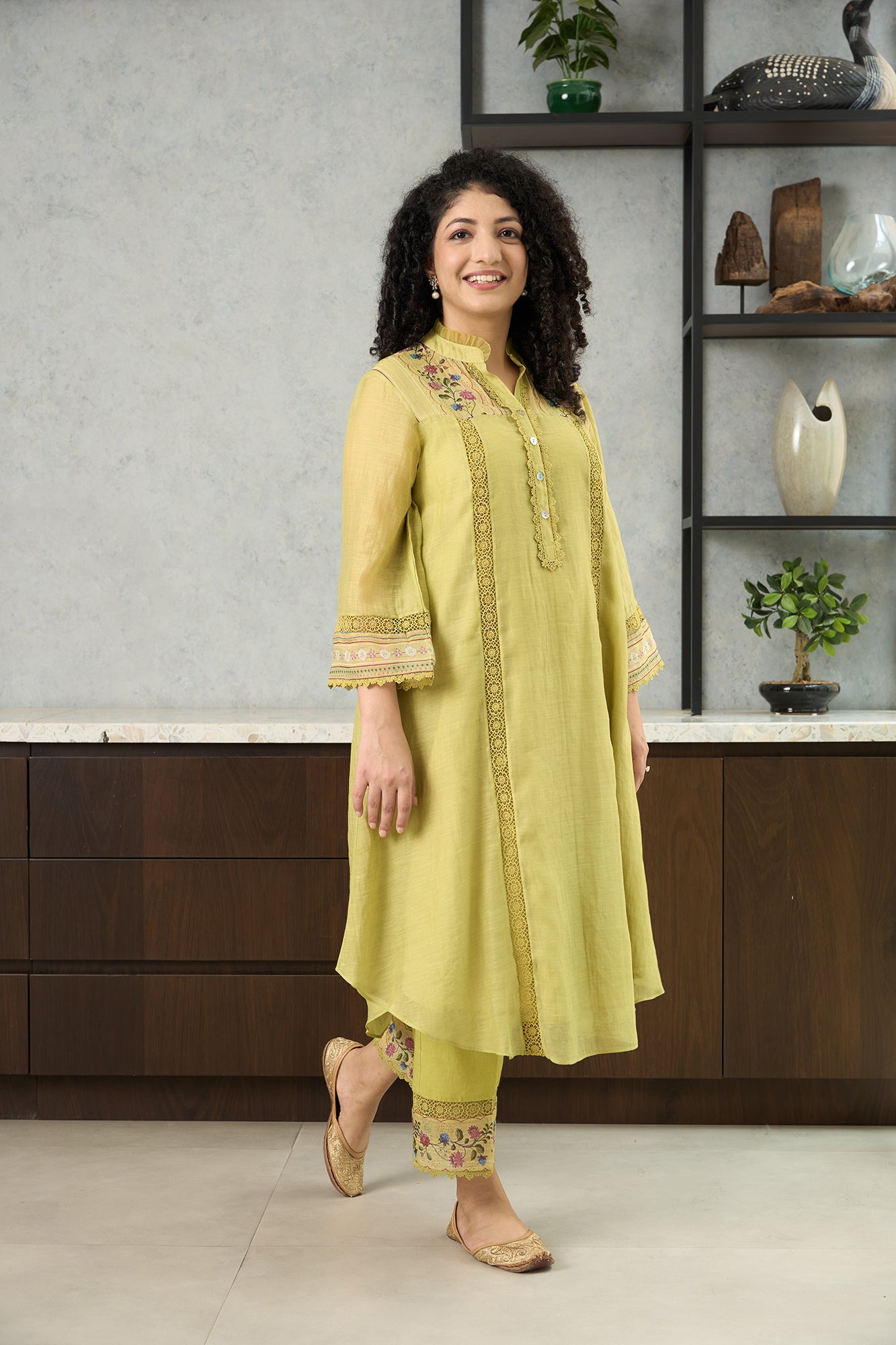 Lime Green Floral Shoulder Yoke Kiki Kurta Set