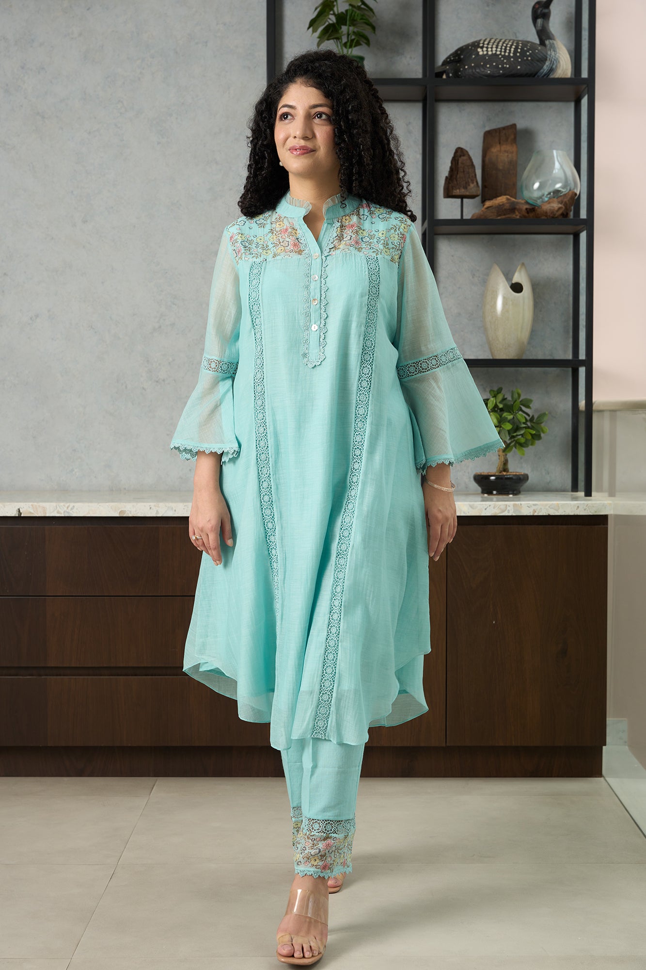Aqua Blue Pero Chanderi Floral Shoulder Yoke Kiki Kurta Set