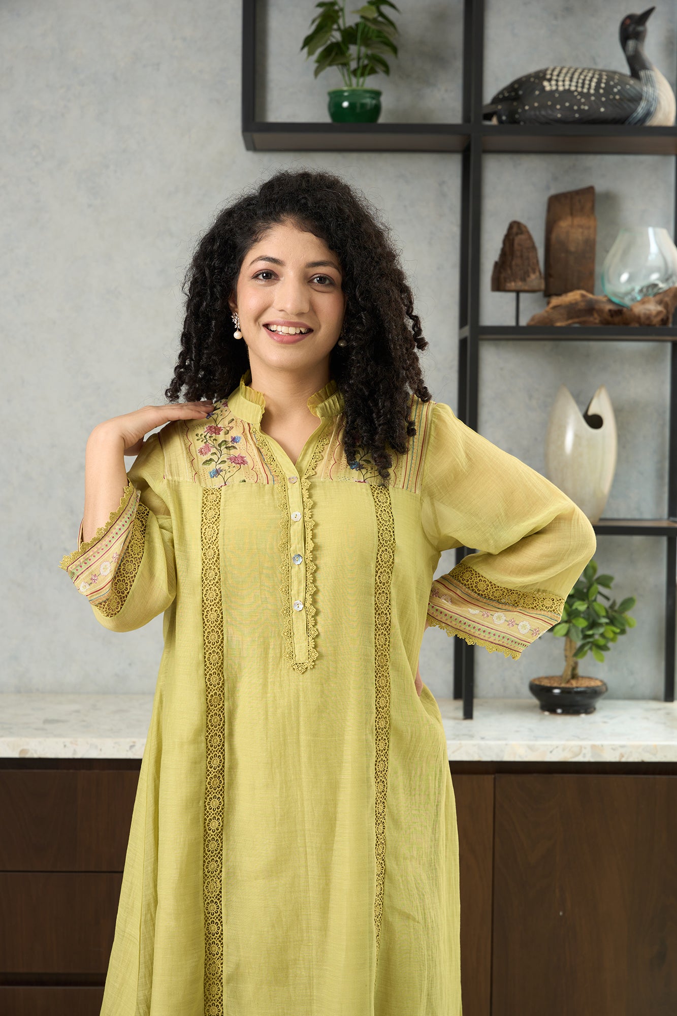 Lime Green Floral Shoulder Yoke Kiki Kurta Set