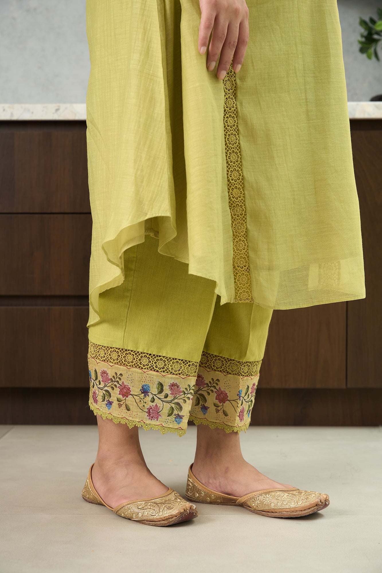 Lime Green Floral Shoulder Yoke Kiki Kurta Set