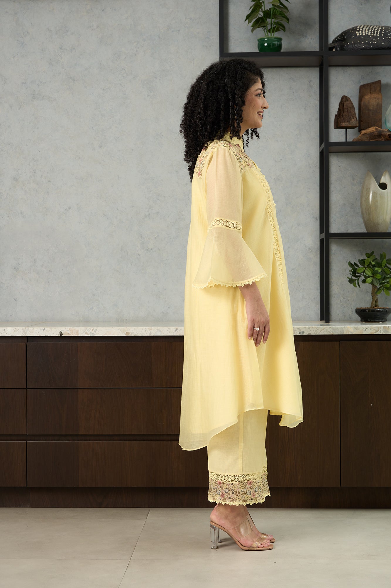 Lemon Yellow Pero Chanderi Floral Shoulder Yoke Kiki Kurta Set