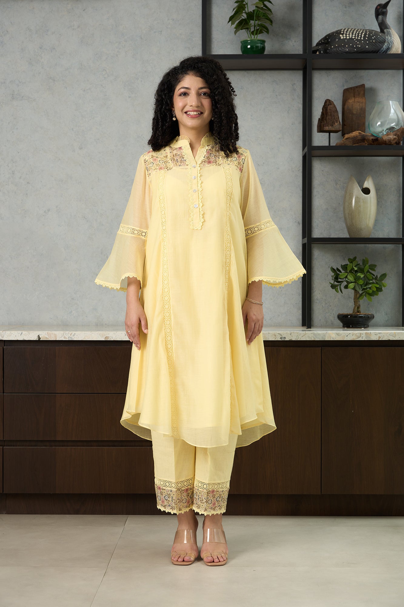 Lemon Yellow Pero Chanderi Floral Shoulder Yoke Kiki Kurta Set