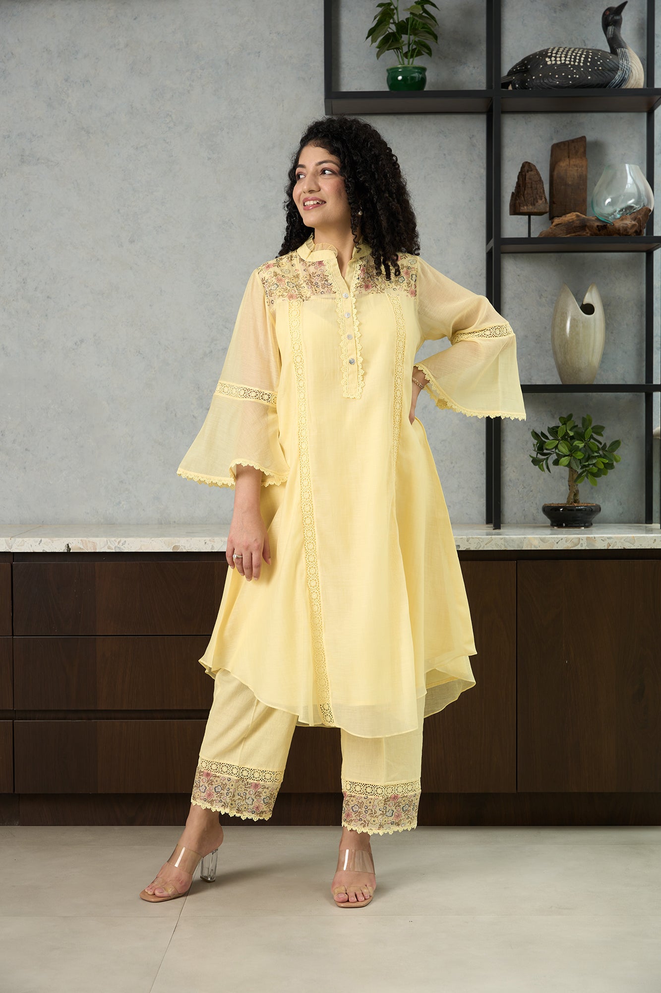 Lemon Yellow Pero Chanderi Floral Shoulder Yoke Kiki Kurta Set
