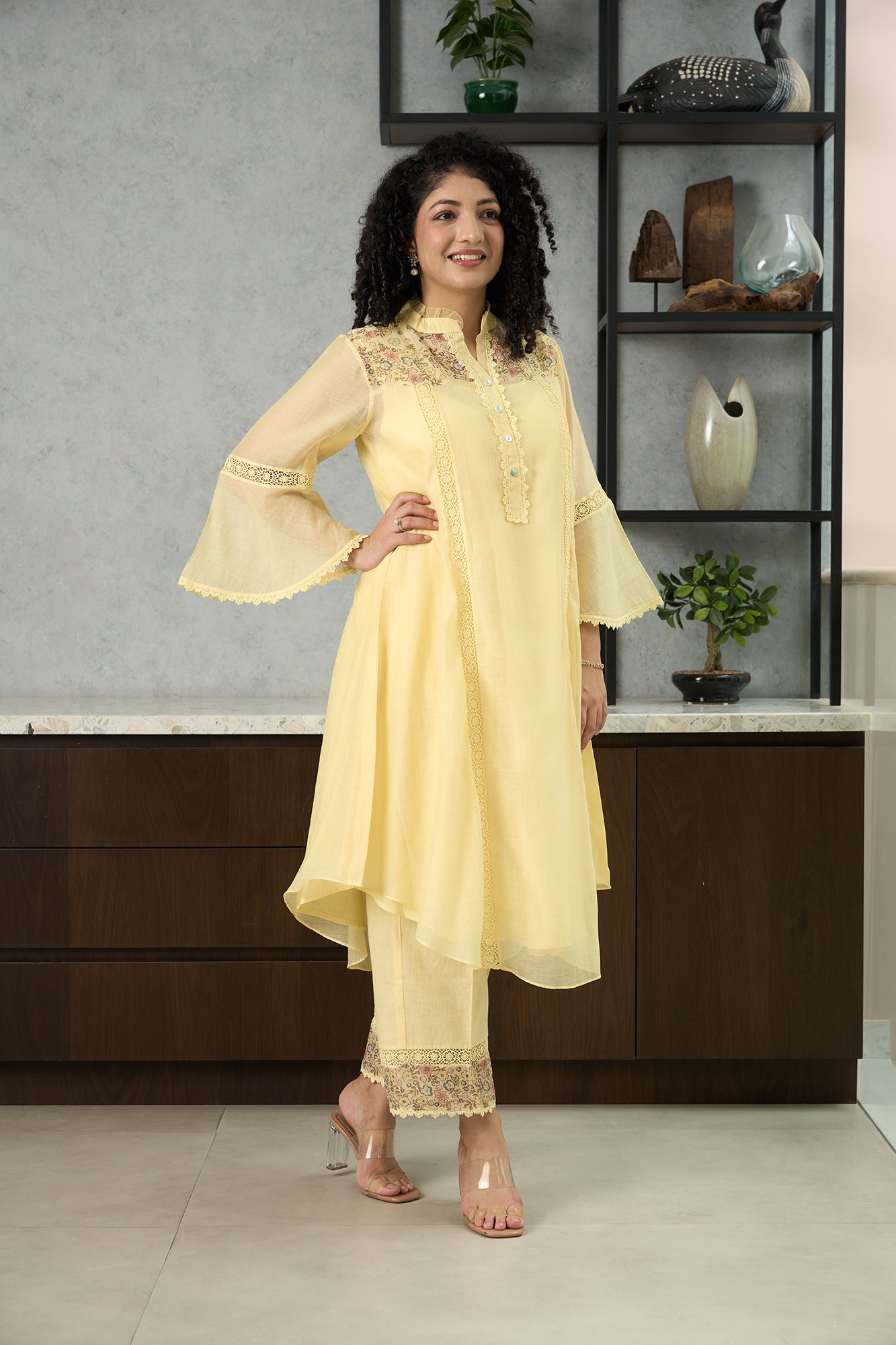 Lemon Yellow Pero Chanderi Floral Shoulder Yoke Kiki Kurta Set