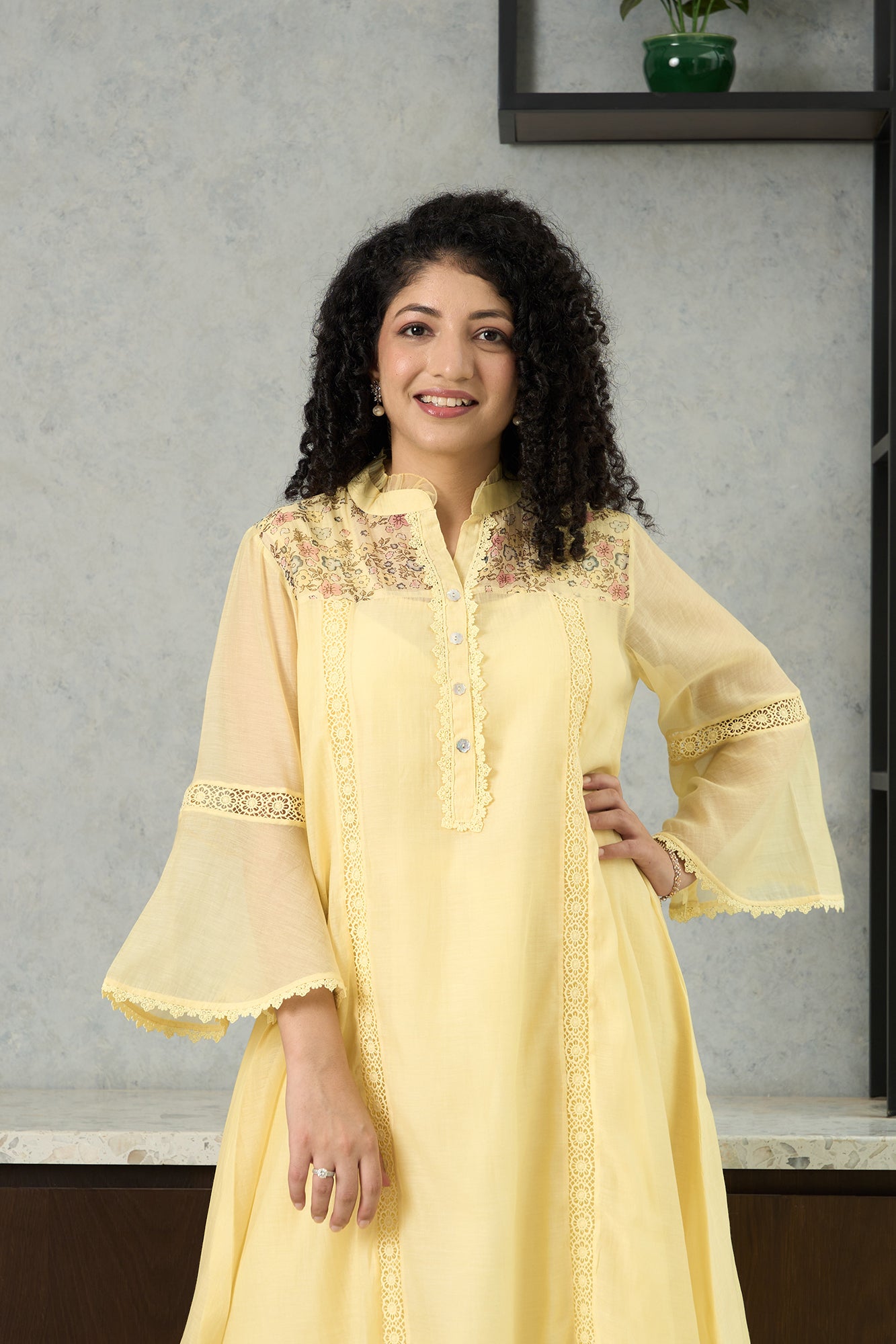 Lemon Yellow Pero Chanderi Floral Shoulder Yoke Kiki Kurta Set