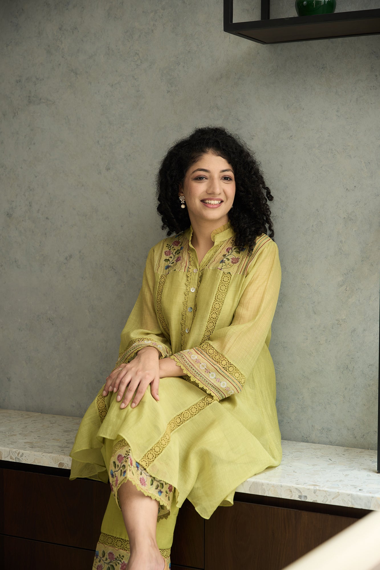 Lime Green Floral Shoulder Yoke Kiki Kurta Set