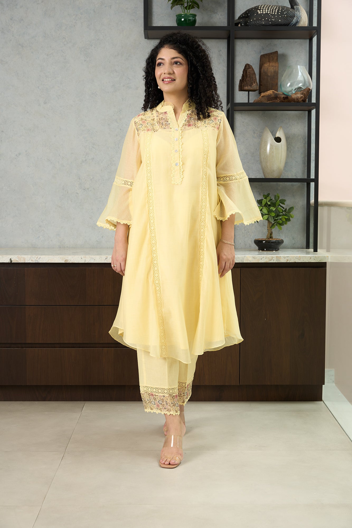 Lemon Yellow Pero Chanderi Floral Shoulder Yoke Kiki Kurta Set