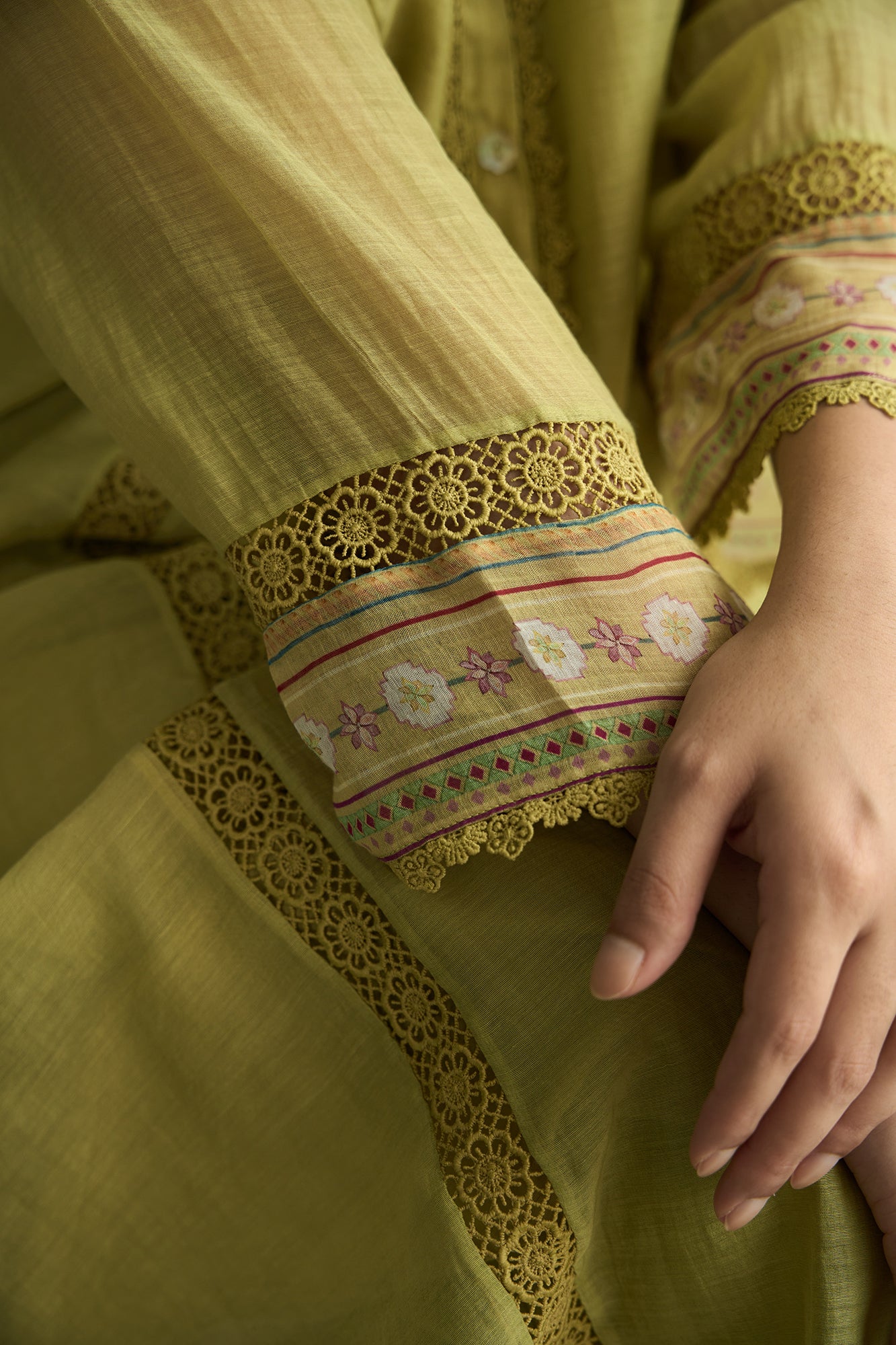 Lime Green Floral Shoulder Yoke Kiki Kurta Set