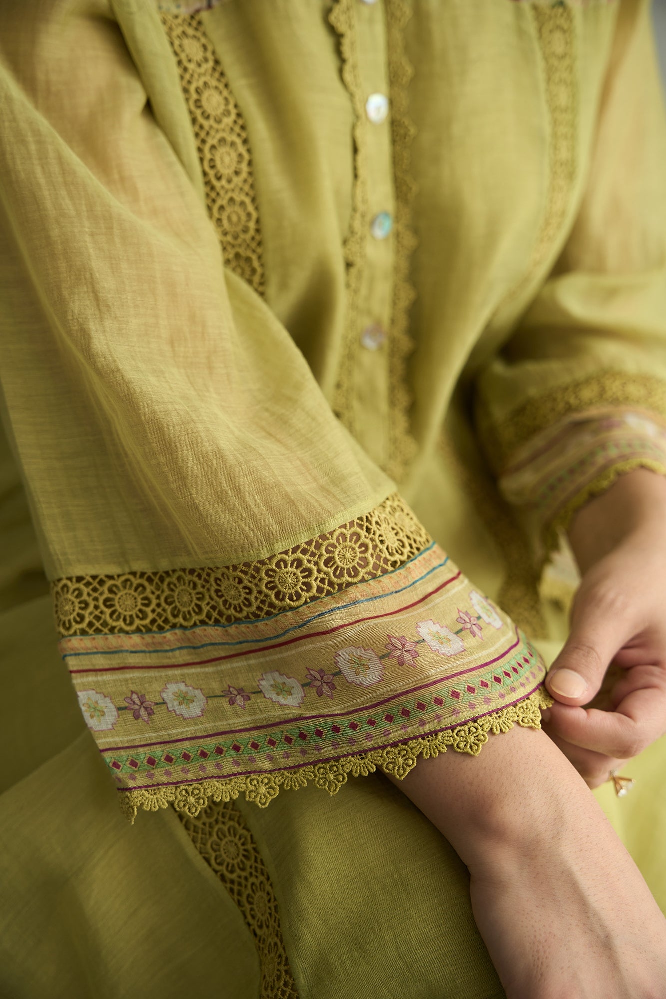 Lime Green Floral Shoulder Yoke Kiki Kurta Set