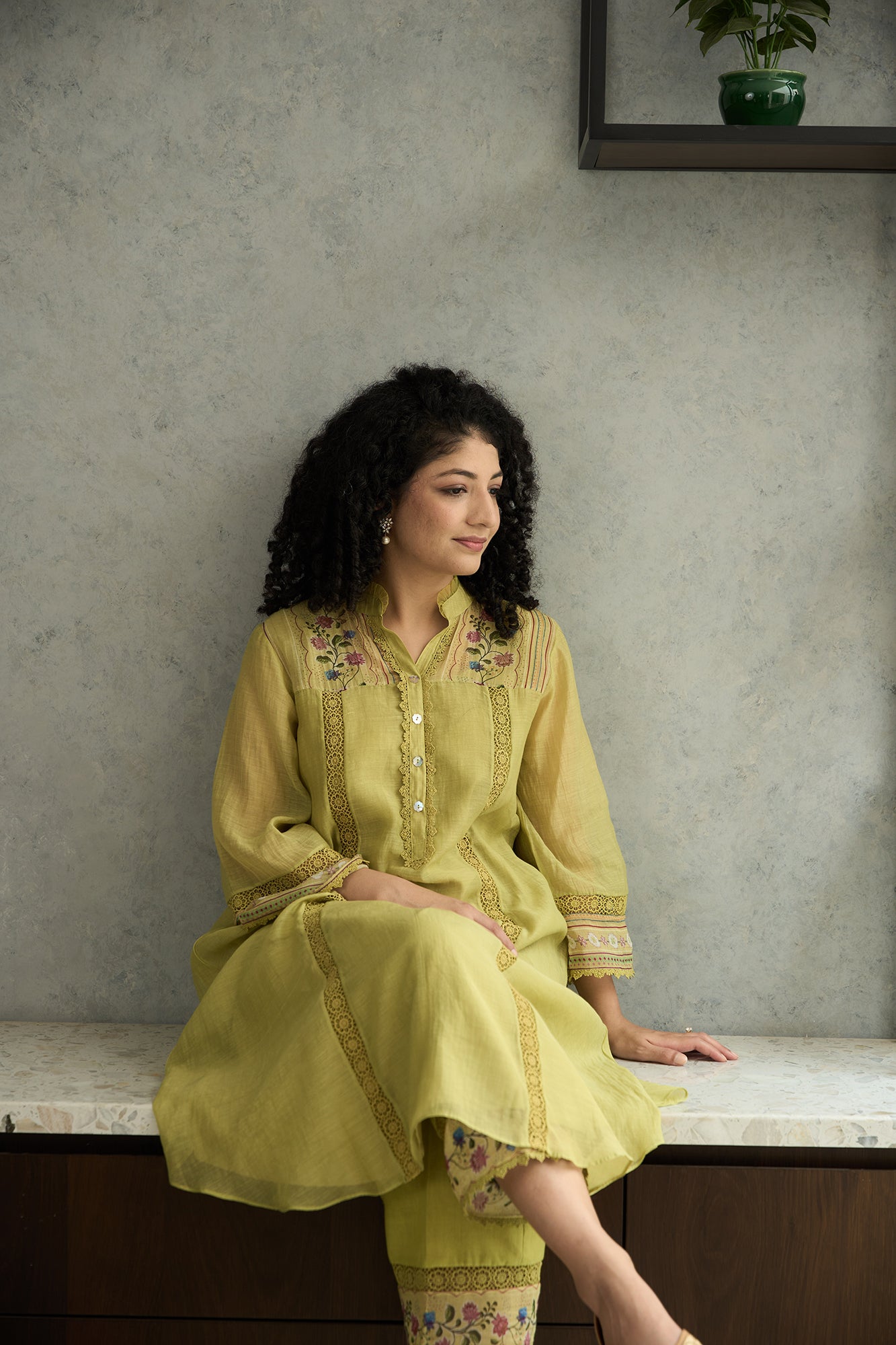 Lime Green Floral Shoulder Yoke Kiki Kurta Set
