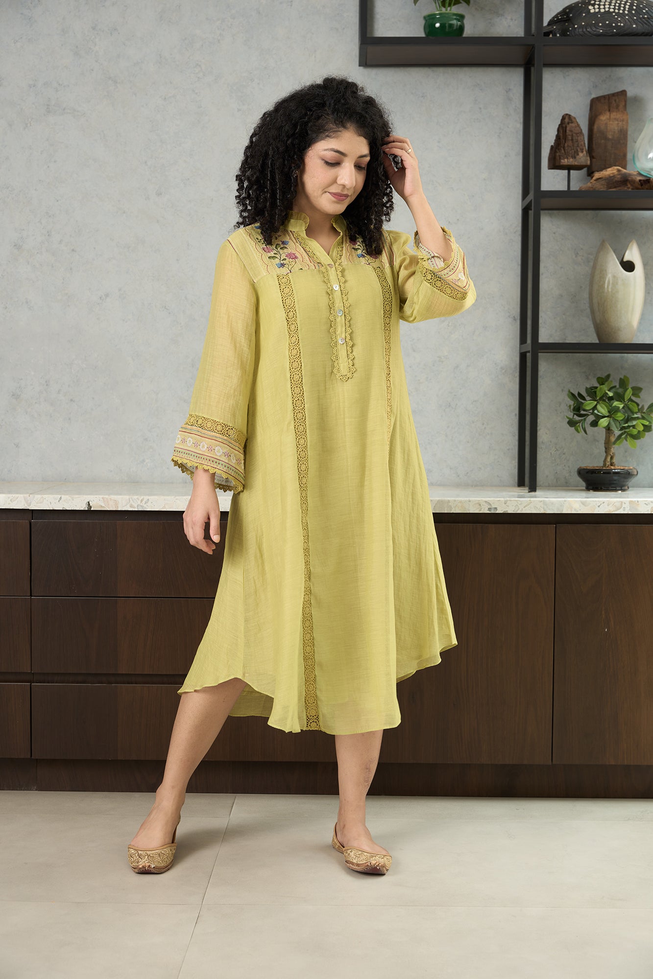 Lime Green Floral Shoulder Yoke Kiki Kurta Set