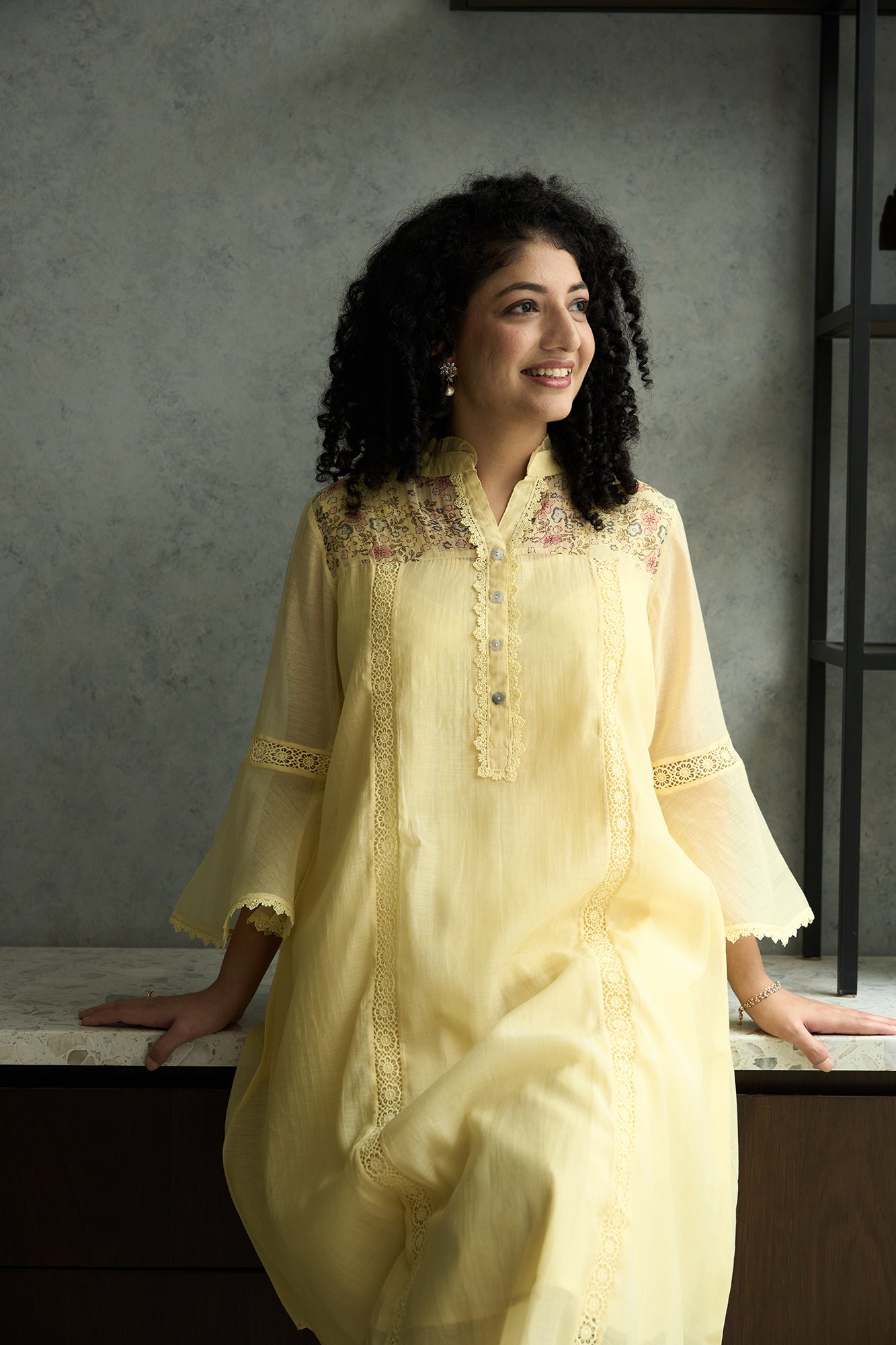 Lemon Yellow Pero Chanderi Floral Shoulder Yoke Kiki Kurta Set