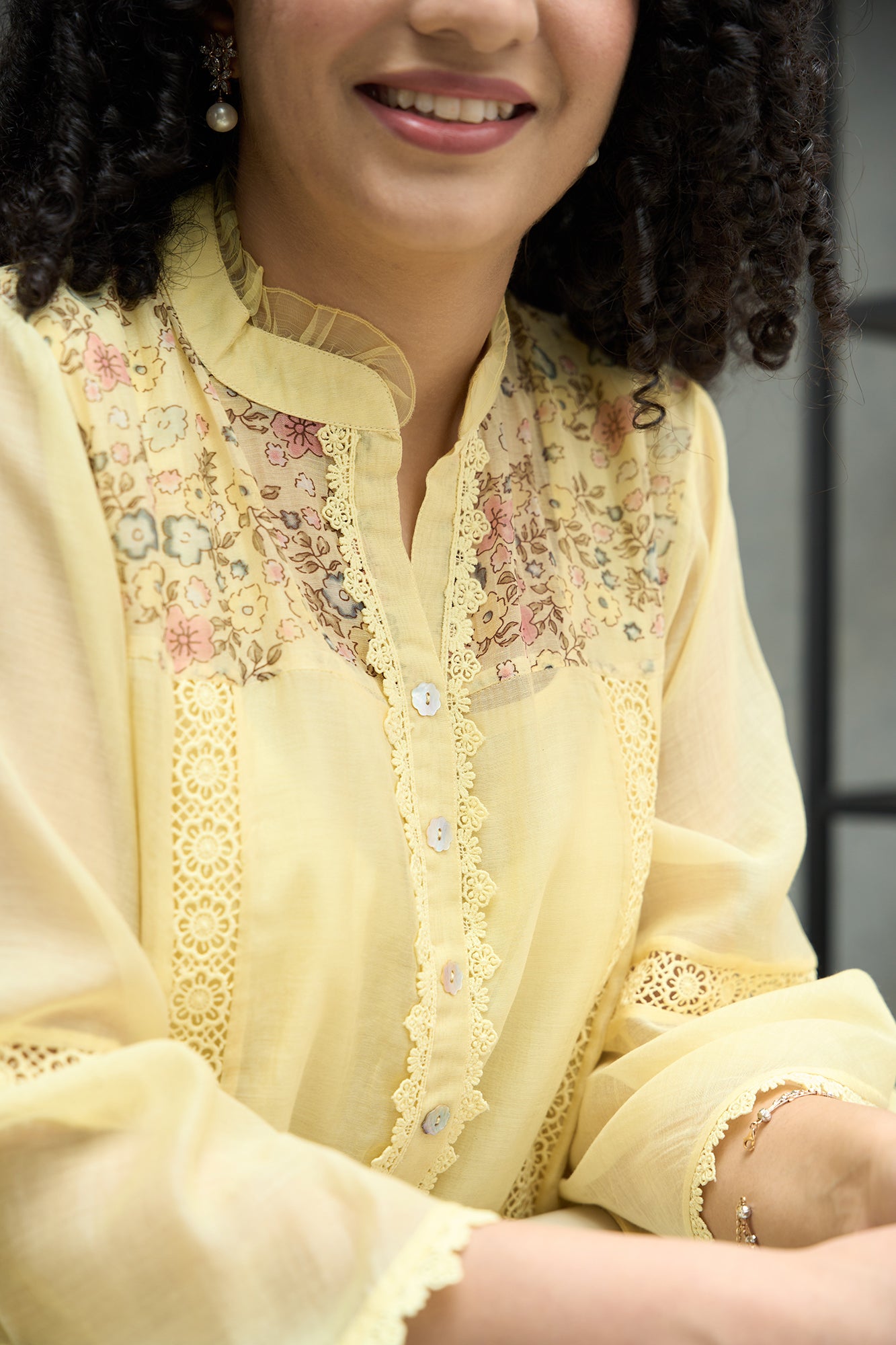 Lemon Yellow Pero Chanderi Floral Shoulder Yoke Kiki Kurta Set