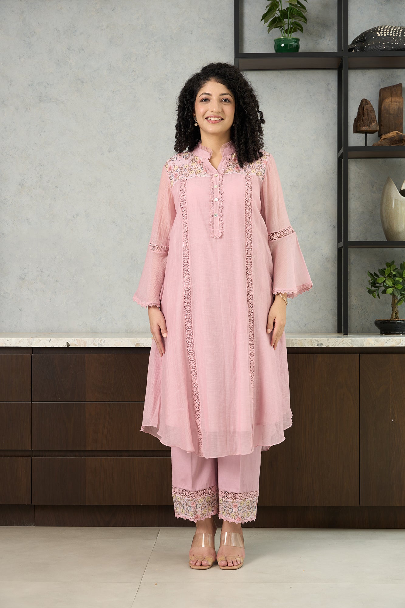 Pink Pero Chanderi Floral Shoulder Yoke Kiki  Kurta Set
