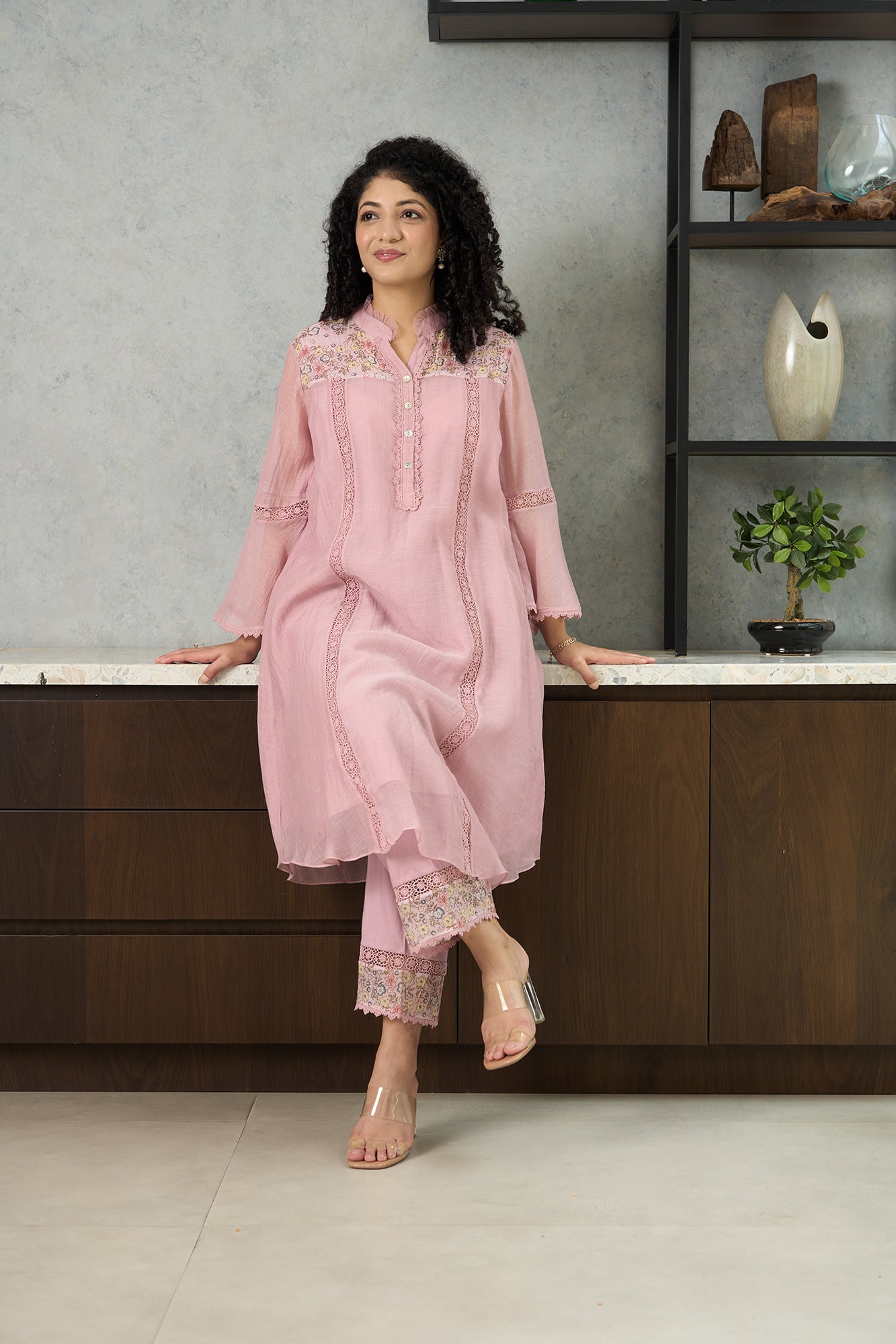 Pink Pero Chanderi Floral Shoulder Yoke Kiki Kurta Set