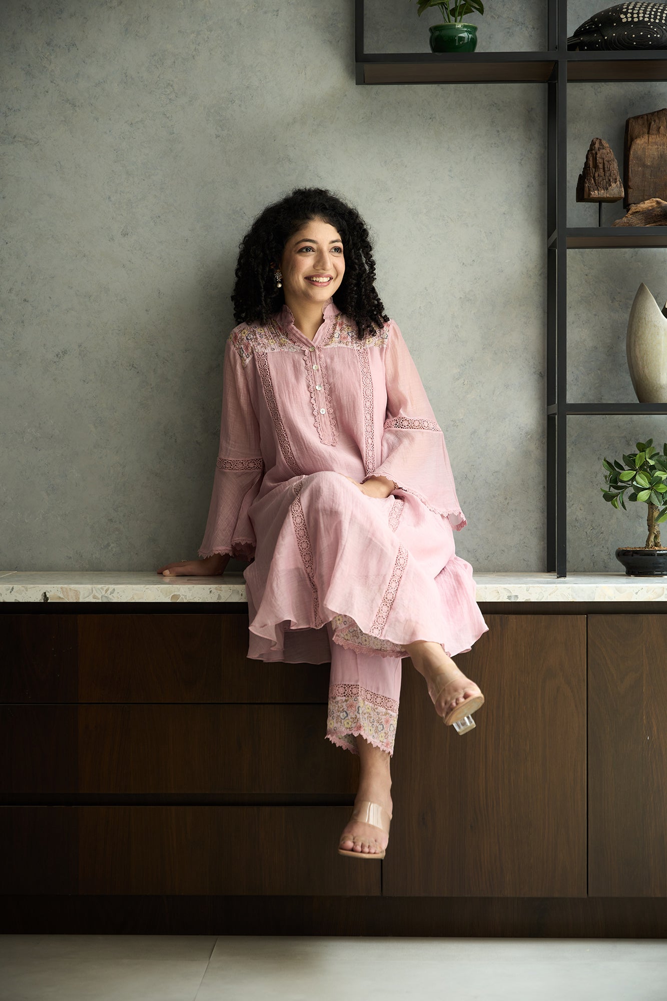 Pink Pero Chanderi Floral Shoulder Yoke Kiki Kurta Set
