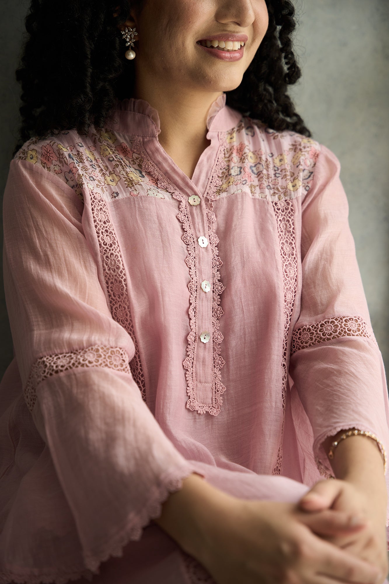 Pink Pero Chanderi Floral Shoulder Yoke Kiki Kurta Set