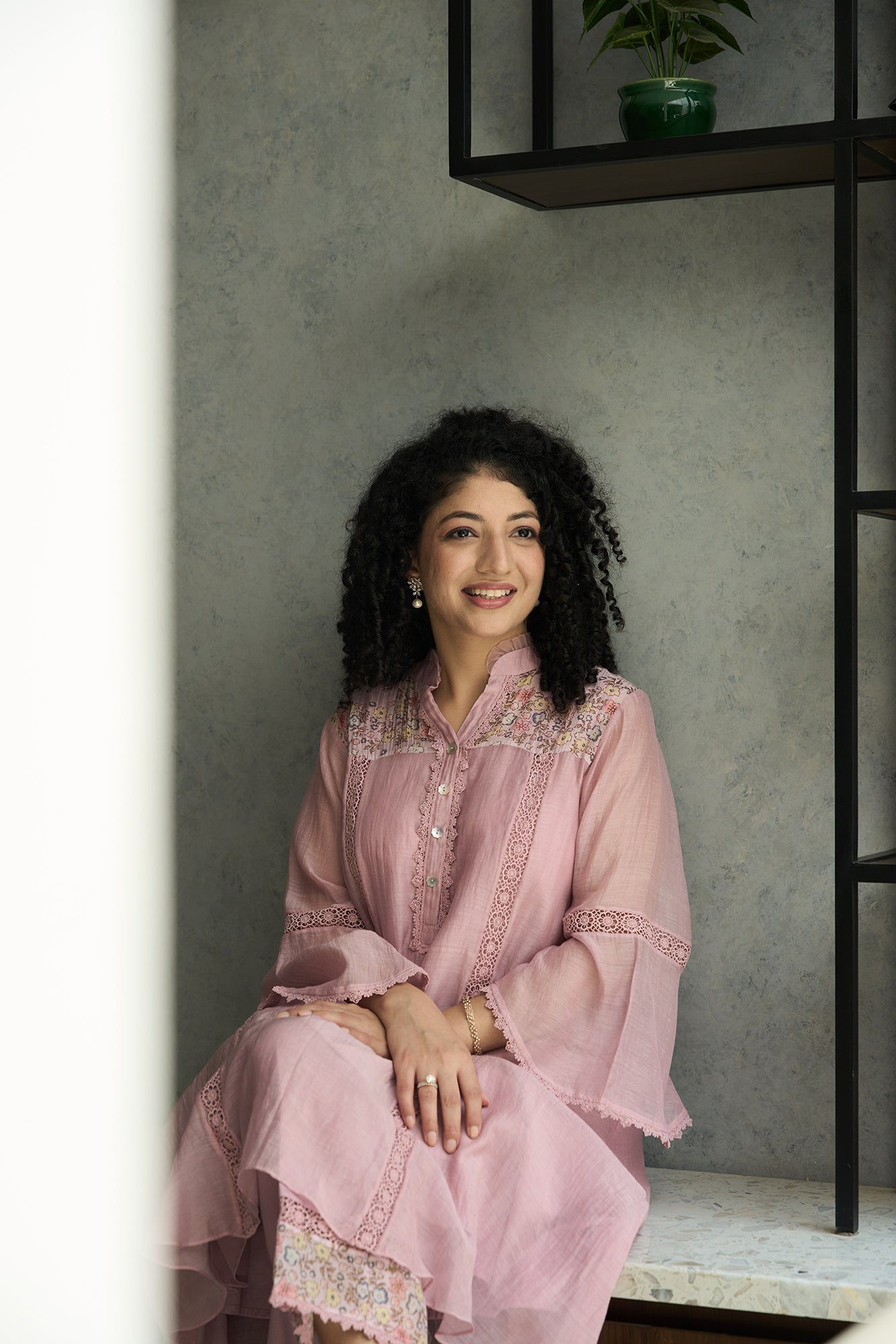 Pink Pero Chanderi Floral Shoulder Yoke Kiki Kurta Set