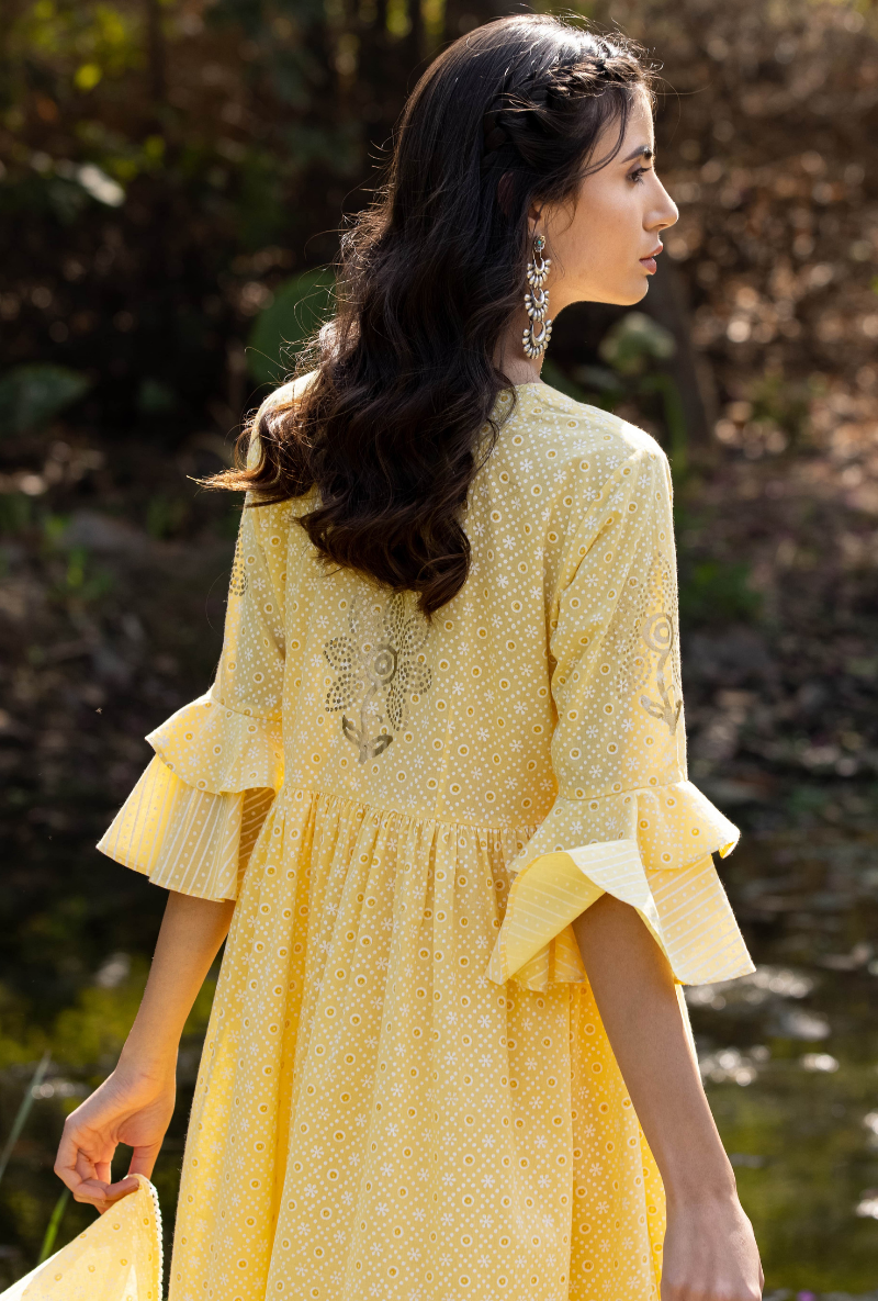 Yellow Frill Sleeve Titlie Anarkali Set