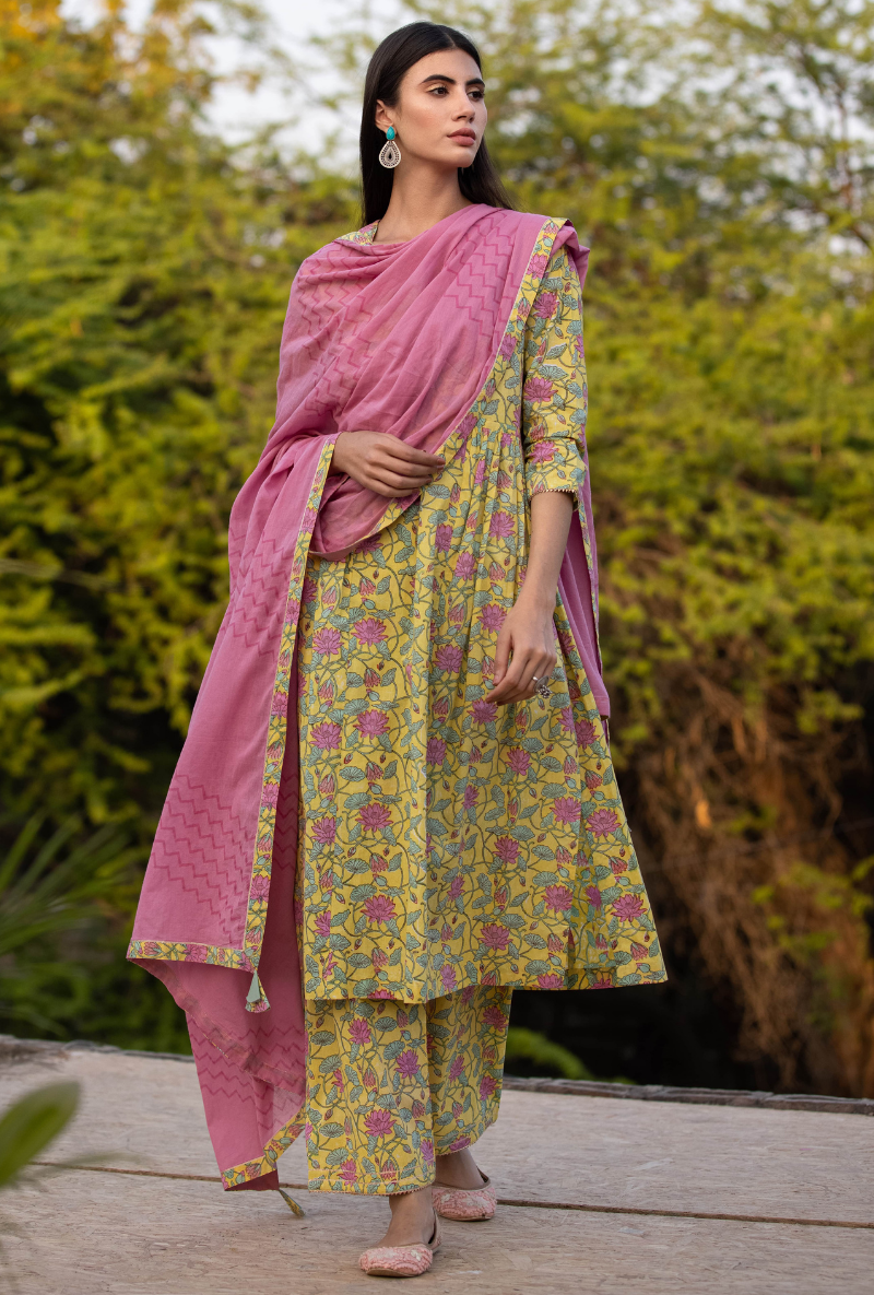 Yellow/Pink Pankhuri Anarkali Kurta Set