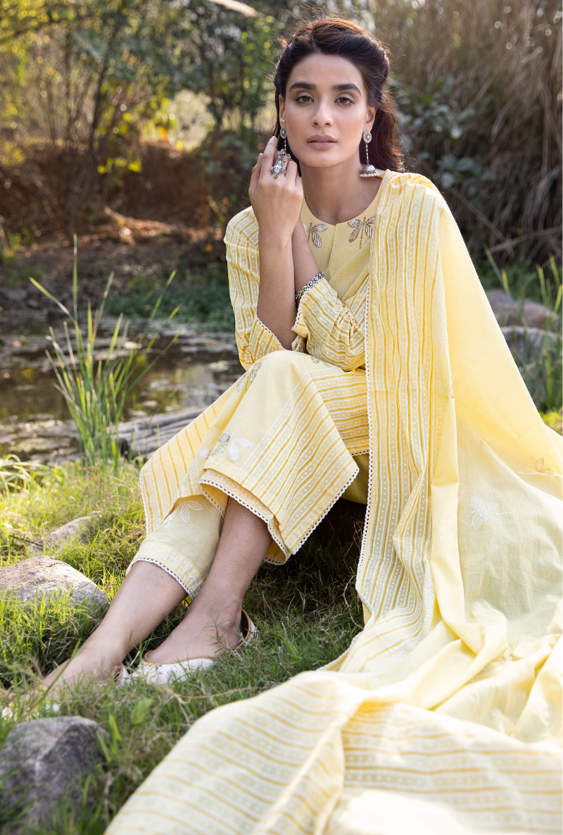 Yellow/Ivory Titlie Straight Panel Kurta Set