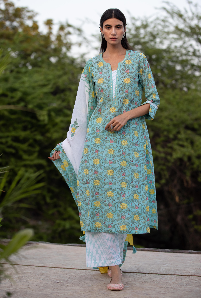 Aqua Sequin Pankhuri Kurta Set