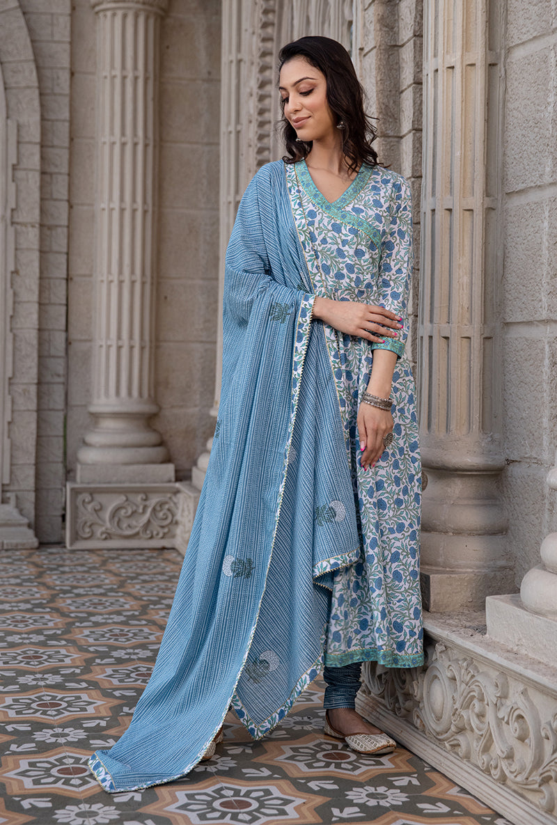 Blue Mayuri Angrakha Kurta Set