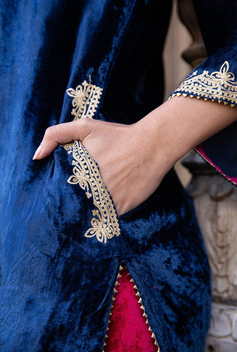Blue Velvet V Neckline Kurta Set