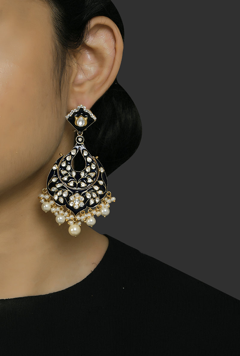 Gold Plated Blue Enameled Tear Drop Earrings With Vellore Polki & Fresh Water Pearl Drops