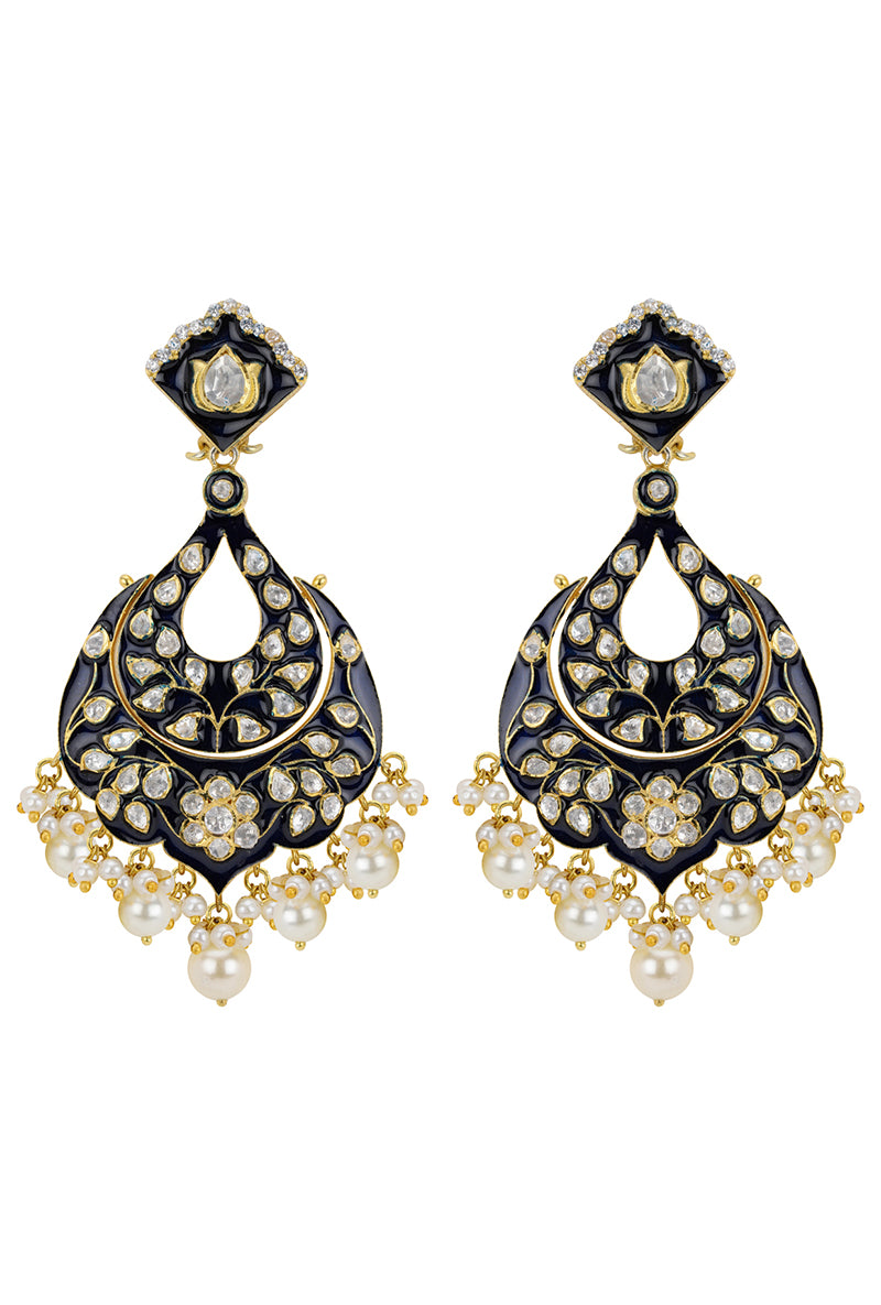 Gold Plated Blue Enameled Tear Drop Earrings With Vellore Polki & Fresh Water Pearl Drops