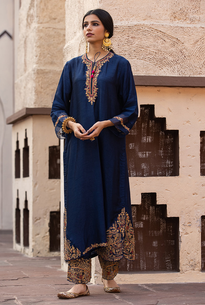 Navy Leaf Jaal Farshi Ulfat Kurta Set