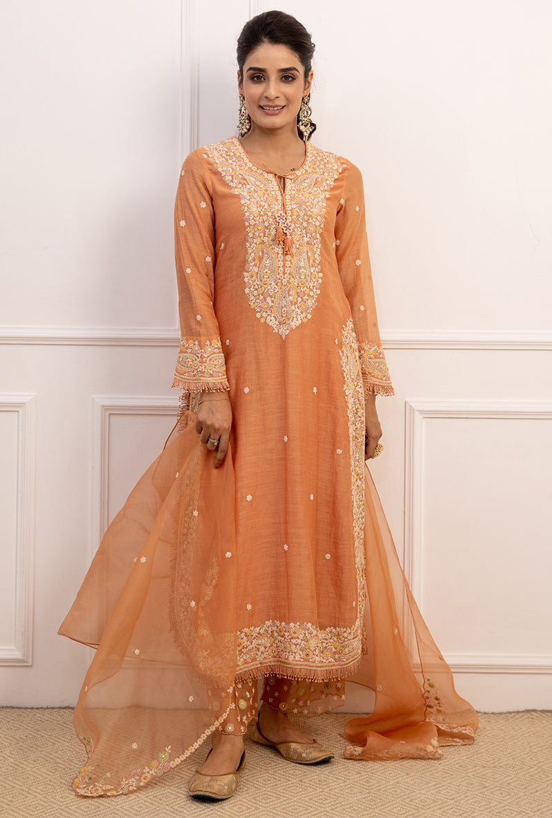 Peach Dori Paisley Long Kurta Set