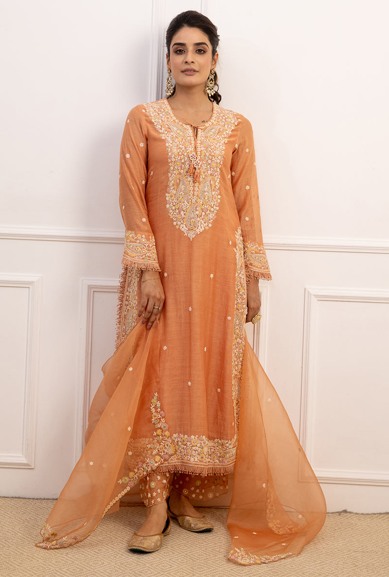 Peach Dori Paisley Long Kurta Set