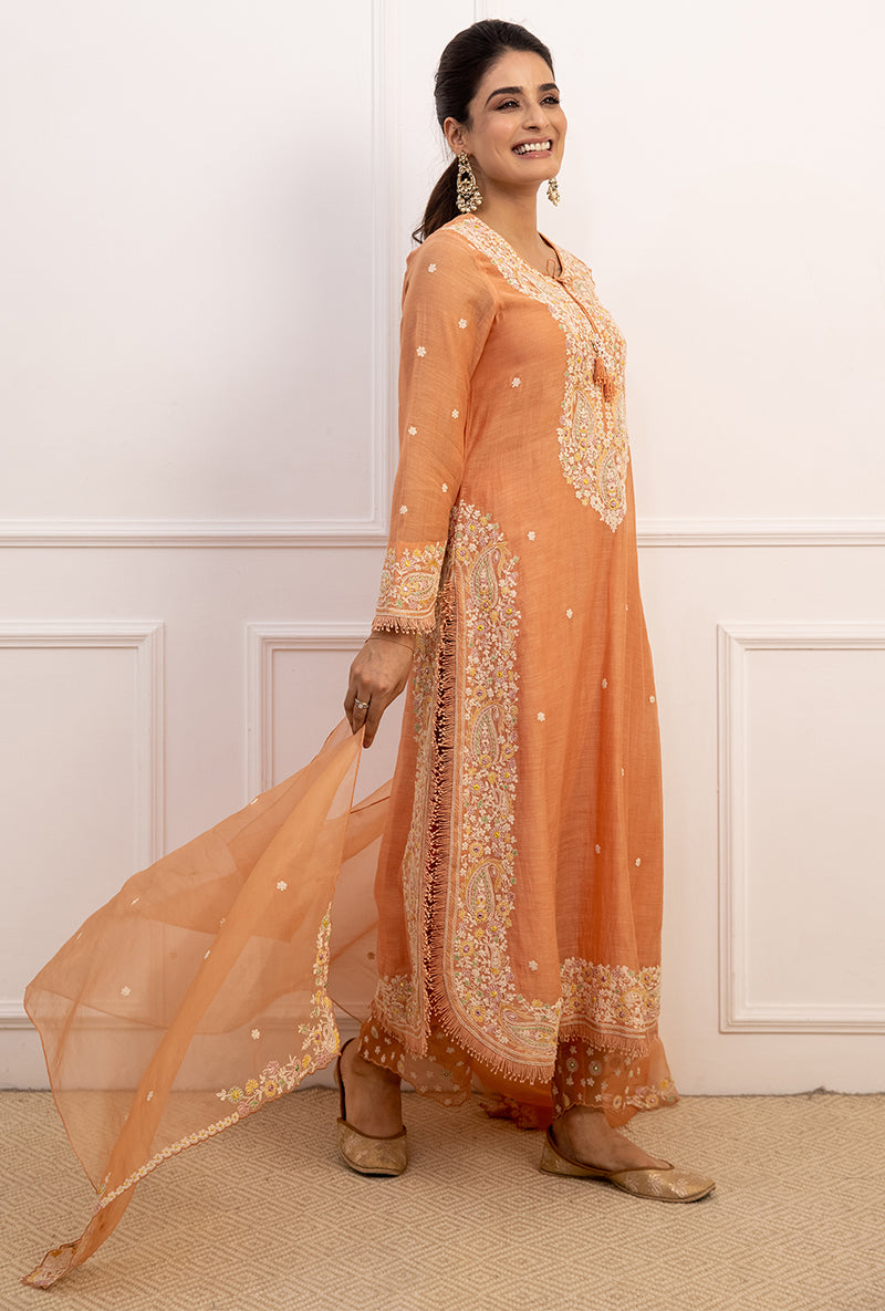 Peach Dori Paisley Long Kurta Set