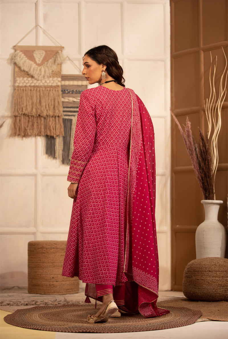 Rani Pink Bandhej Anarkali Kurta Set