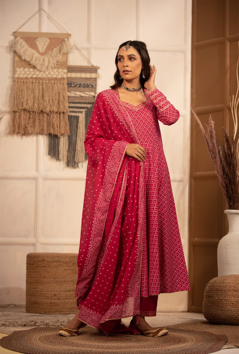 Rani Pink Bandhej Anarkali Kurta Set