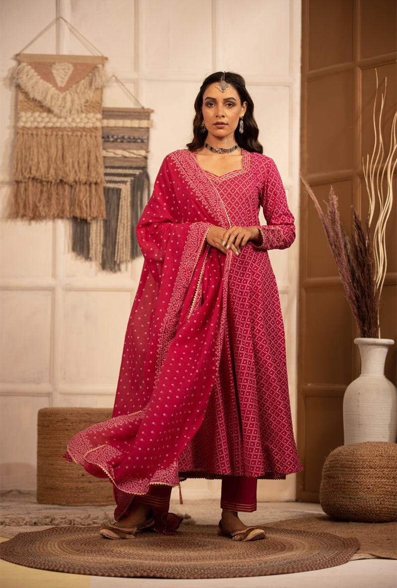 Rani Pink Bandhej Anarkali Kurta Set