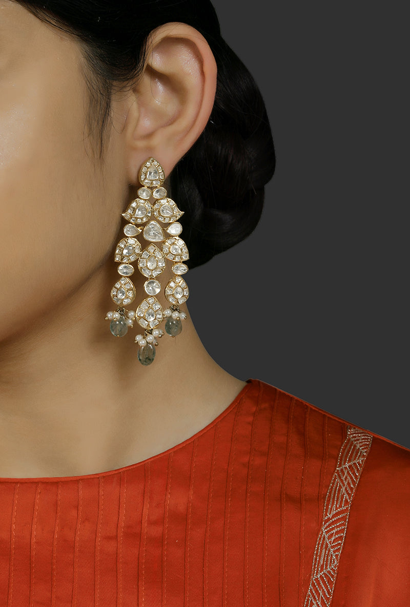 All White Polki in Pear Shape Motif Gold Plated Silver Long Earrings With Green Drops
